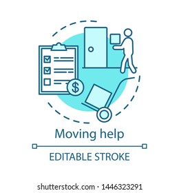 Moving help concept icon. Home service idea thin line illustration. Loading items, furniture into truck. Heavy lifting. Packing and unpacking boxes. Vector isolated outline drawing. Editable stroke