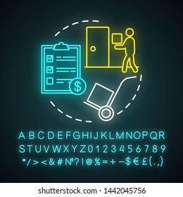 Moving help neon light concept icon. Home service idea. Packing and unpacking boxes. Loading items, furniture into truck. Glowing sign with alphabet, numbers and symbols. Vector isolated illustration