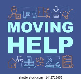 Moving help word concepts banner. Packing and unpacking boxes. Presentation, website. Loading items into truck. Isolated lettering typography idea with linear icons. Vector outline illustration