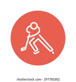 Moving hockey player thin line icon for web and mobile minimalistic flat design. Vector white icon inside the red circle.