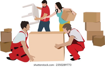 Moving home activity. Husband and wife are arranging the interior of their house, assisted by professional house moving goods transportation services isolated on transparent background