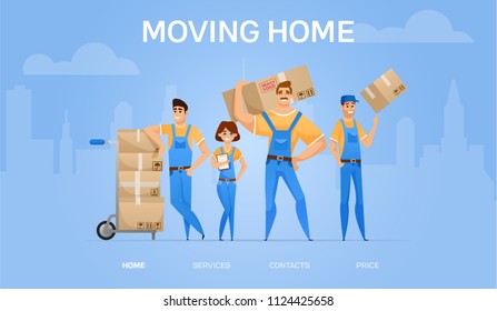 moving home banner. Cartoon loaders movers team with cardboard boxes. Moving and delivery company concept. Vector illustration.