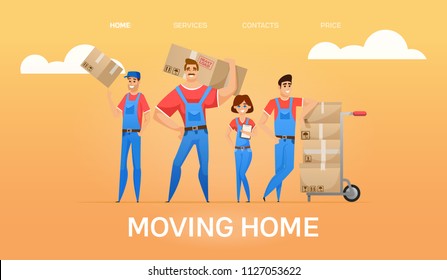 moving home banner. Cartoon loaders movers team with cardboard boxes. Moving and delivery company concept. Vector illustration.