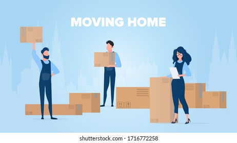Moving home banner. Moving home to a new place. Movers carry boxes. Carton boxes. The concept of transportation and delivery of goods. Vector.