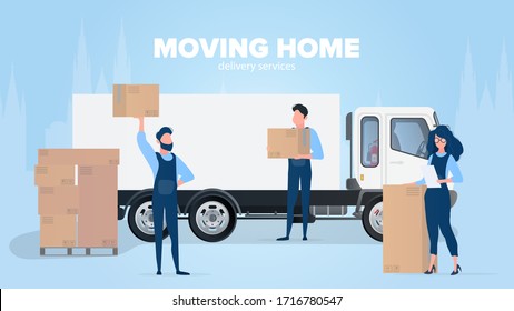 Moving home banner. Moving to a new place. White truck, Movers carry boxes, a girl checks the presence in the list. Carton boxes. The concept of transportation and delivery of goods. Vector.