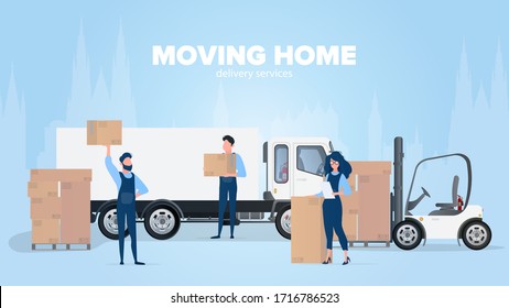 Moving home banner. Moving to a new place. White truck, Movers carry boxes, a girl checks the presence in the list. Carton boxes. The concept of transportation and delivery of goods. Vector.