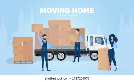 Moving home banner. Moving to a new place. White truck, Movers carry boxes, a girl checks the presence in the list. Carton boxes. The concept of transportation and delivery of goods. Vector.