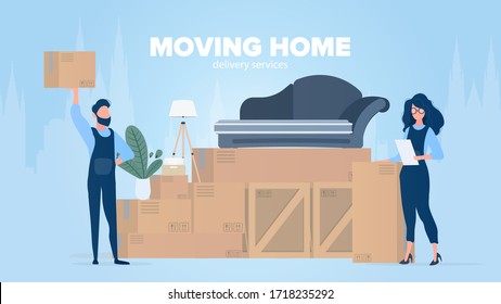 Moving home banner. Moving to a new place. Wooden boxes, cardboard boxes, sofa, houseplant, floor lamp. Isolated. Vector.