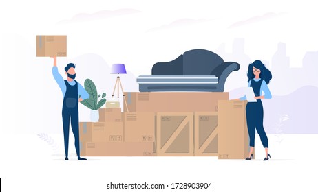 Moving home banner. Moving to a new place. Wooden boxes, cardboard boxes, sofa, houseplant, floor lamp. Isolated. Vector.