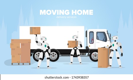 Moving home banner. Moving to a new place. A white robot holds a box. Carton boxes. The concept of the future, delivery and loading of goods using robots. Vector.