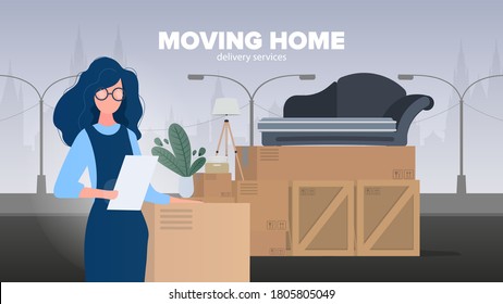 Moving home banner. Moving to a new place. White truck, a girl checks the availability of the list. Carton boxes. The concept of transportation and delivery of goods. Vector.