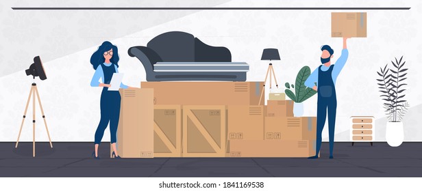 Moving home banner. Moving to a new place. Wooden boxes, cardboard boxes, sofa, houseplant, floor lamp. Isolated. Vector.