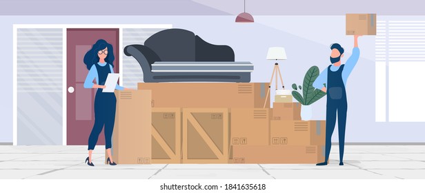 Moving home banner. Moving to a new place. Wooden boxes, cardboard boxes, sofa, houseplant, floor lamp. Isolated. Vector.