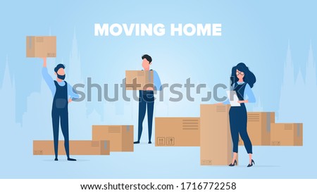 Moving home banner. Moving home to a new place. Movers carry boxes. Carton boxes. The concept of transportation and delivery of goods. Vector.