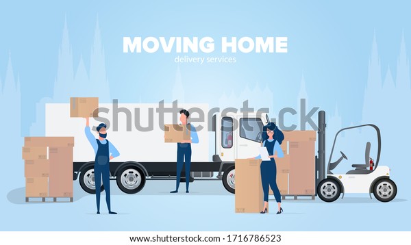 Moving home banner. Moving to a new place. White\
truck, Movers carry boxes, a girl checks the presence in the list.\
Carton boxes. The concept of transportation and delivery of goods.\
Vector.