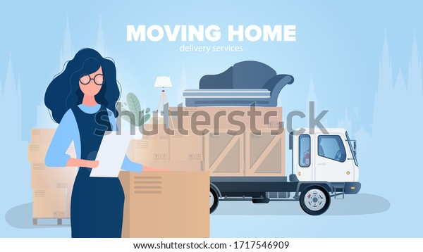Moving home\
banner. Moving to a new place. White truck, a girl checks the\
availability of the list. Carton boxes. The concept of\
transportation and delivery of goods.\
Vector.