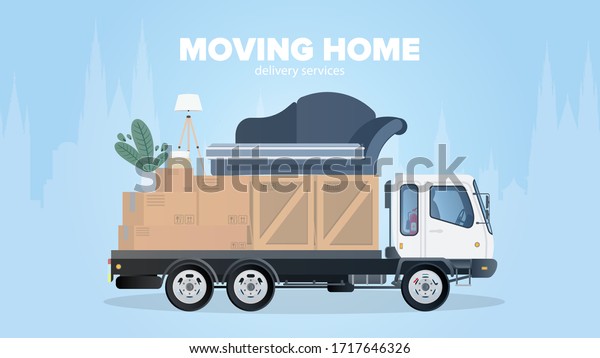 Moving home banner.\
 Moving to a new place. White truck, boxes, sofa, indoor plant,\
lamp. Isolated. Vector.