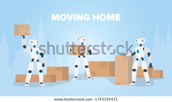 Moving home banner. Moving to\
a new place. A white robot holds a box. Carton boxes. The concept\
of the future, delivery and loading of goods using robots.\
Vector.
