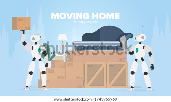 Moving home banner. Moving to\
a new place. A white robot holds a box. Carton boxes. The concept\
of the future, delivery and loading of goods using robots.\
Vector.