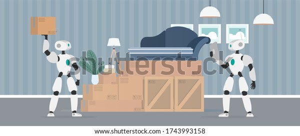Moving home banner. Moving to
a new place. A white robot holds a box. Carton boxes. The concept
of the future, delivery and loading of goods using robots.
Vector.