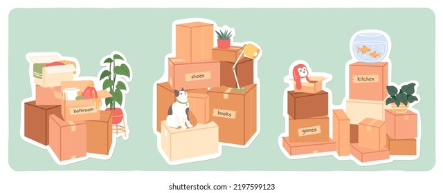 Moving home cardboard boxes piles set. Belongings packed in container boxes, cargo packages shipping. Moving house transportation, relocation, delivery service concept flat vector illustration