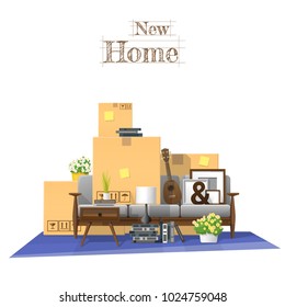 Moving home concept background with cardboard boxes and furniture in new living room , vector , illustration