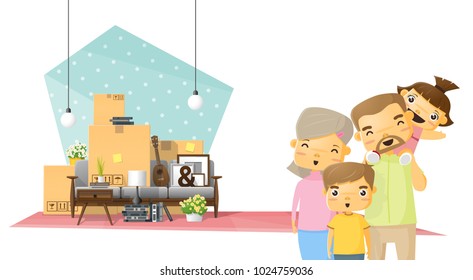 Moving home concept background with happy family and furniture in new living room , vector , illustration