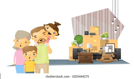 Moving home concept background with happy family and furniture in new living room , vector , illustration