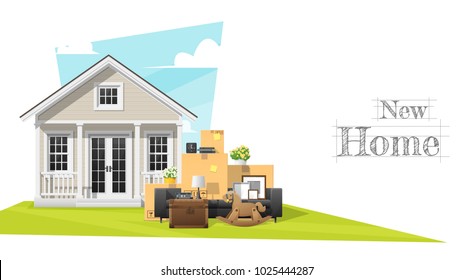 Moving home concept background with small house and furniture , vector , illustration