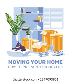 moving home concept. No people flat interior with paper boxes, books, dumbbell. french bulldog Vector flat illustration