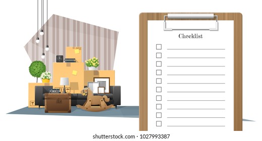 Moving home concept with survey clipboard and pile of furniture background , vector , illustration