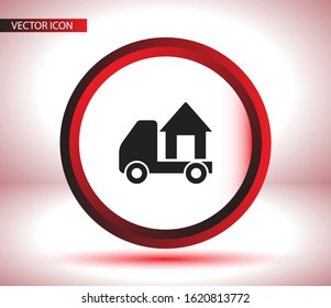 Moving Home Concept. A Truck Transporting A House. Icon. Vector Eps 10