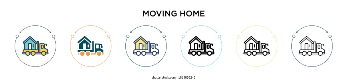 Moving home icon in filled, thin line, outline and stroke style. Vector illustration of two colored and black moving home vector icons designs can be used for mobile, ui, web