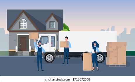 Moving from home. Loading cargo into the car. Movers carry boxes. The concept of moving and delivery. Truck, forklift, forklift. Vector.