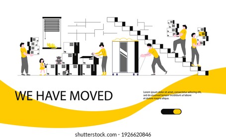 Moving Home y office Concept para el sitio web. Página Web de equipos y familiares cargando cajas y muebles. Ilustración de Vector de arte plano