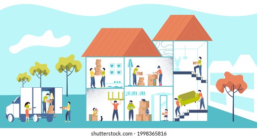 Moving Home and office Concept for Website or Web Page. Flat Cartoon Vector Illustration