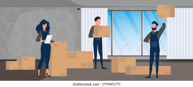 Mudándose a casa. Reubicación de Office a una nueva ubicación. Los hombres llevan cajas. El concepto de transporte y entrega de mercancías. Vector.