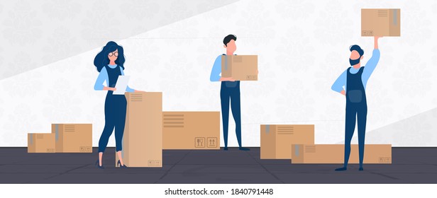 Moving home. Office relocation to a new location. Movers carry boxes. The concept of transportation and delivery of goods. Vector.