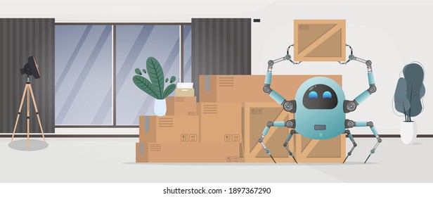 Moving home or office. A small futuristic robot is holding a box. Cartoon style. Vector 