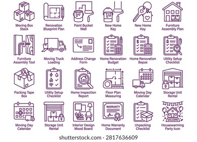 Moving and home renovation icons set with furniture assembly, moving truck, address change form, utility setup checklist