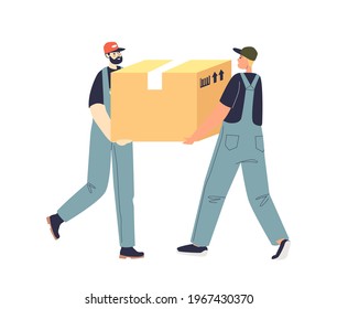 Moving home service loaders carry big box unloading stuff for new home or apartment after relocation. Delivery men shipping box. Transportation concept. Cartoon flat vector illustration