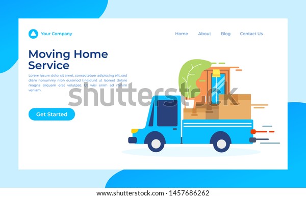 Moving home\
service, pick up box car loading home furniture. Concept vector\
illustration for wallpaper, background, flyer, brochure,\
advertisement, landing page and\
business