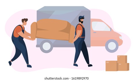 Moving home service. Two workers are carrying a sofa. Service for transporting things and objects. Delivery service. Moving into new house. Moving truck on background. Vector flat style illustration