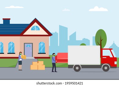 Moving home vector concept. Couple loading boxes and furniture to removal truck