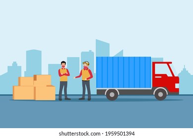 Moving home vector concept. Two male workers in face mask with boxes and removal truck