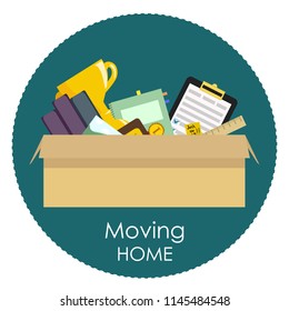 Moving home - vector flat illustration. Sticker, poster with cardboard box with stuff for travel or change of residence. 