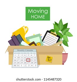 Moving home - vector flat illustration. Sticker, poster with white background set, collection of stuff to move into a new house. Concept of preparation for travel