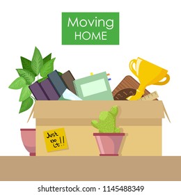 Moving home - vector flat illustration. Set, collection on white background of stuff to move into a new house. Poster concept of preparation for travel