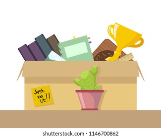 Moving home - vector flat illustration. Set, collection on white background of stuff to move into a new house. Poster concept of preparation for travel