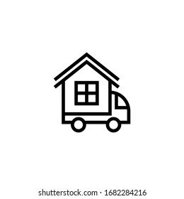Moving home vector icon in linear, outline icon isolated on white background